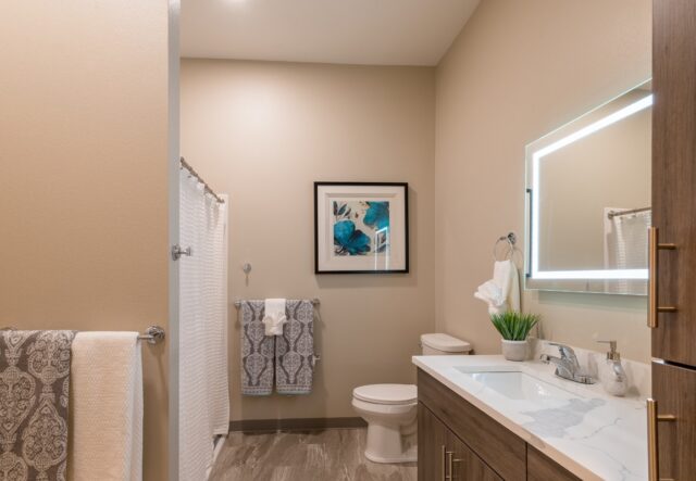 Apartment bathroom with vanity sink, illuminated mirror, toilet, and towel storage at Villas at Stoney Point